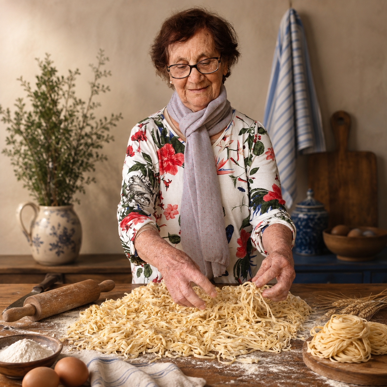 Dona Paschoa preparando massa fresca feita à mão sobre a mesa de madeira